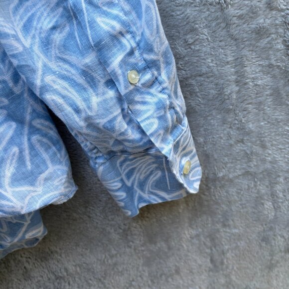 XL Vineyard Vines Blue 100% Linen Palm Print Tucker Button Down Shirt - Picture 7 of 9